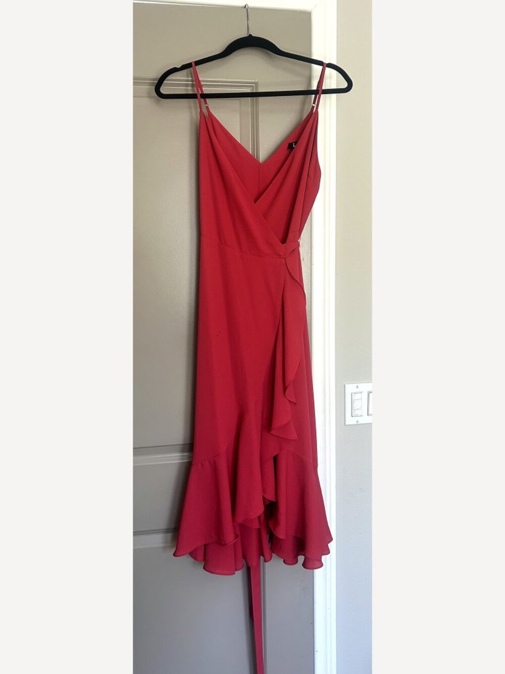 Lulus Red Wrap Midi Dress with a Ruffle High Low Hem Tie at the Waist